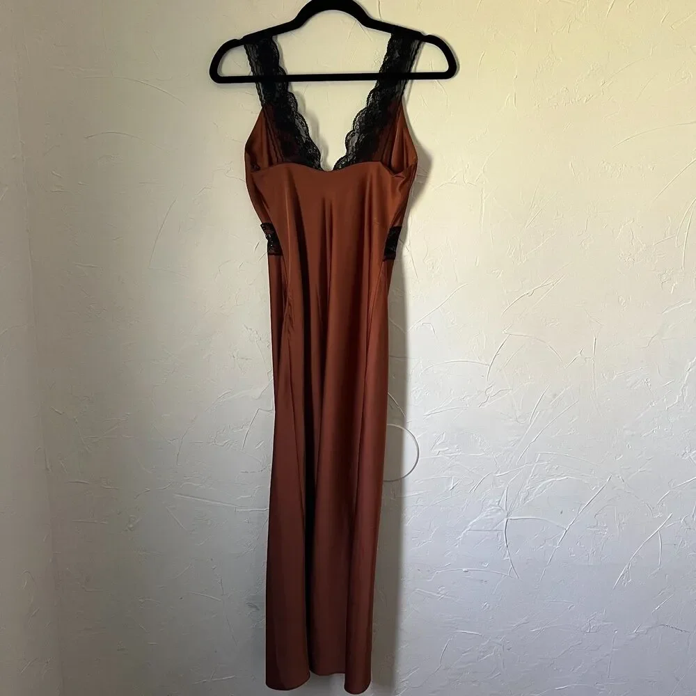 Abercrombie & Fitch Brown Copper Satin Lace Trim Slip Dress Maxi Coquette XS